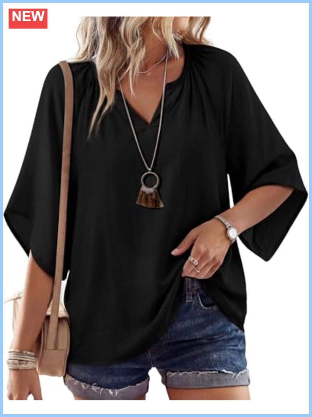Womens Boho Peasant Tunic Top V Neck Bell Sleeve Floral Blouse Linen Feel